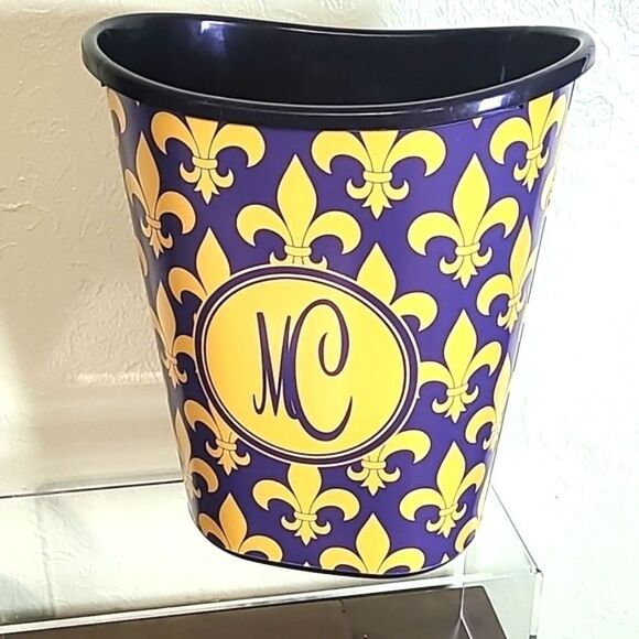 Small Fleur-de-lis Trash Can with Initials "MC" on the Front in Purple & Gold - Picture 5 of 5